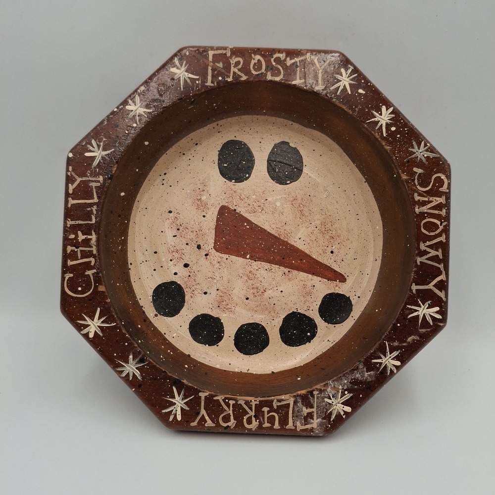Vintage Octagon Wooden Snowman Bowl Dish Frosty Flurry Snowman Decor Rustic 8 In
